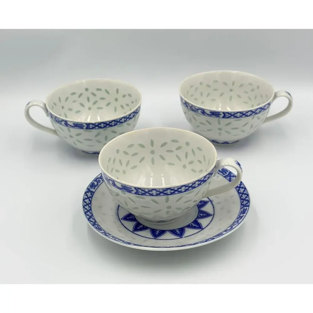 Jingdezhen Rice Eye Grain Cups & Saucer Blue & White Porcelain 4pc Set